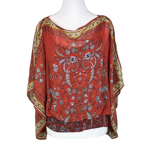 Max Studio Bohemian Floral Scarf Flutter Sleeve Top Size Small Rust Red - Picture 1 of 9